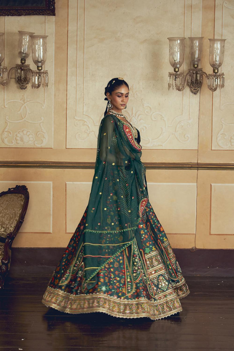 Dark Green Jacquard Silk Banarasi Lehenga Set