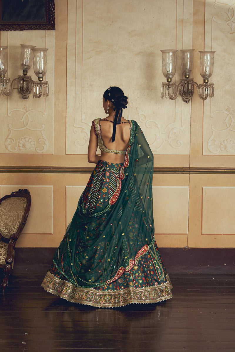 Dark Green Jacquard Silk Banarasi Lehenga Set