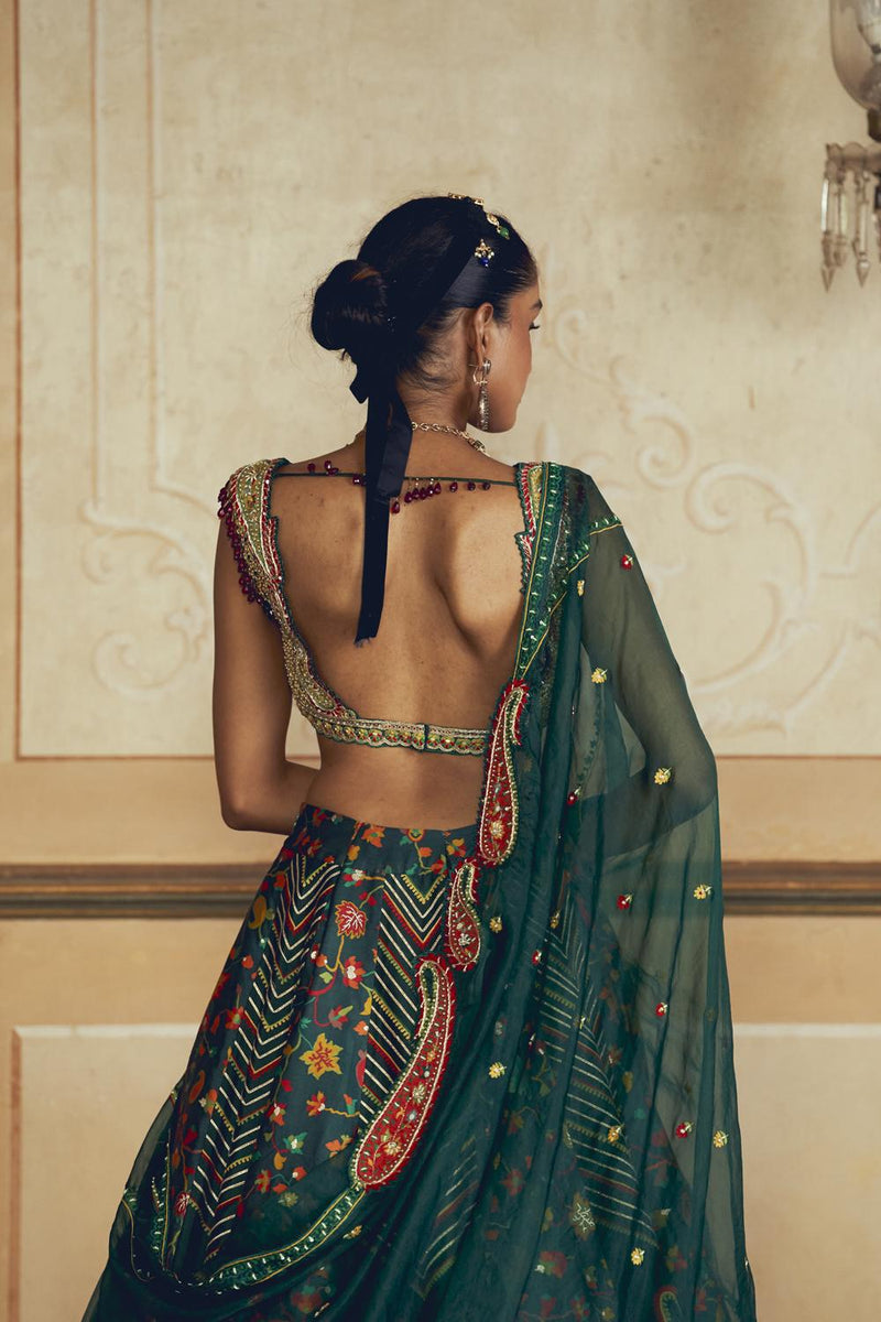 Dark Green Jacquard Silk Banarasi Lehenga Set