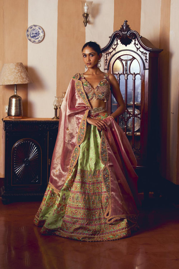 Light Green Jacquard Silk Banarasi Lehenga Set