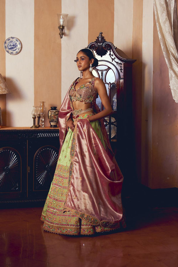 Light Green Jacquard Silk Banarasi Lehenga Set