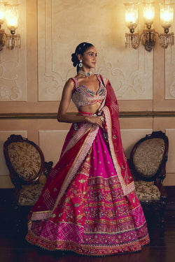 Hot Pink Jacquard Silk Banarasi Lehenga Set