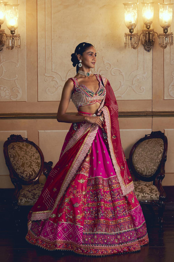 Hot Pink Jacquard Silk Banarasi Lehenga Set