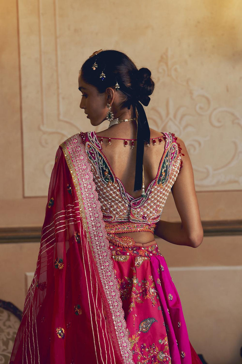 Hot Pink Jacquard Silk Banarasi Lehenga Set