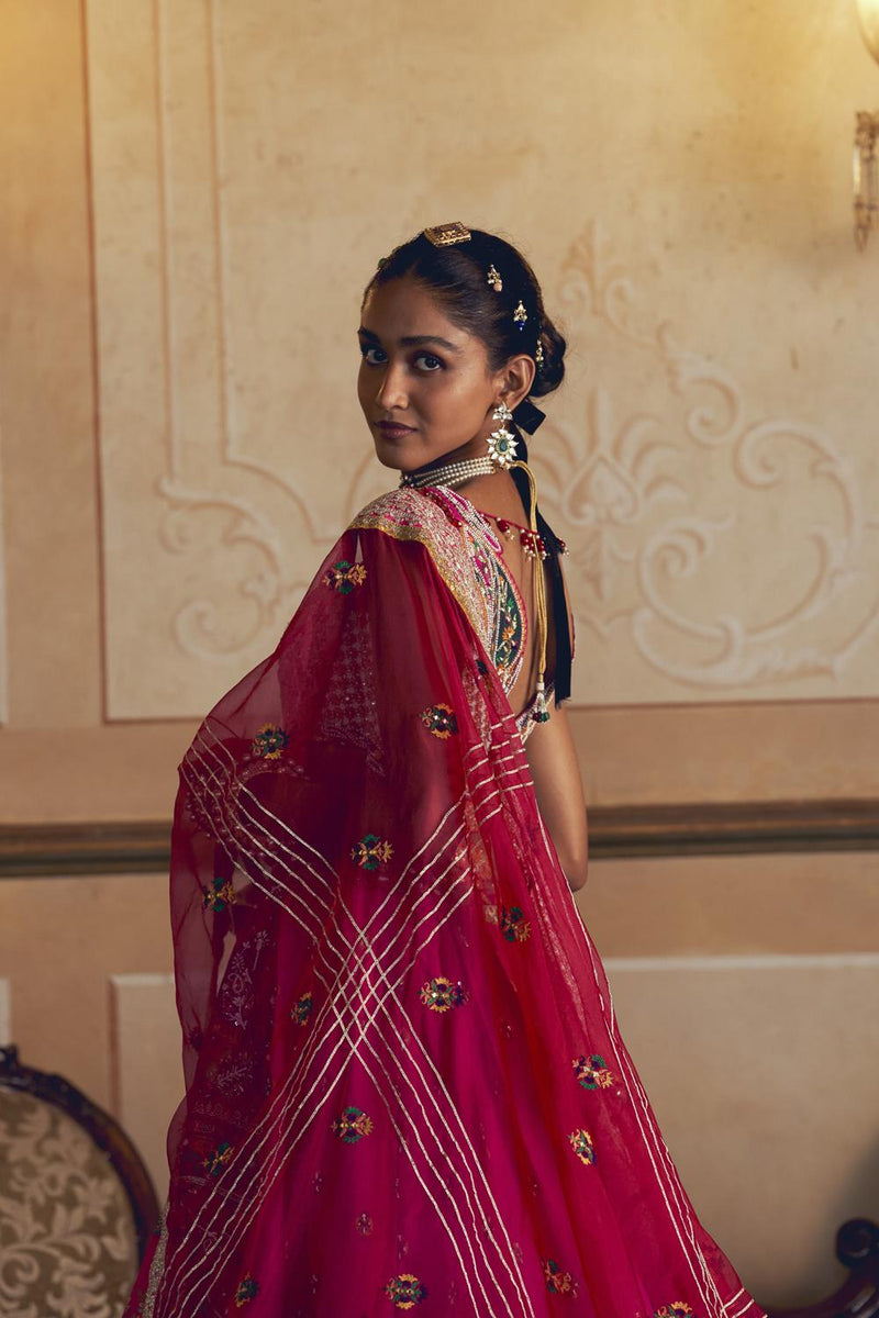 Hot Pink Jacquard Silk Banarasi Lehenga Set