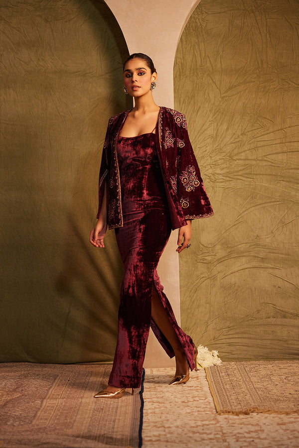 Wine Cape Jacket With High Side High Slit Dress