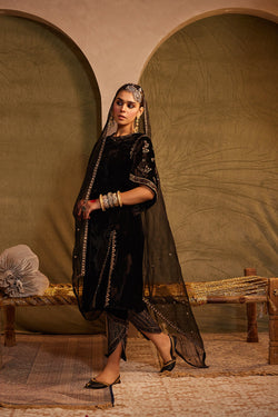 Midnight Black Embellished Kurta With Pant & Dupatta Set