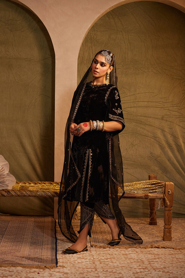 Midnight Black Embellished Kurta With Pant & Dupatta Set