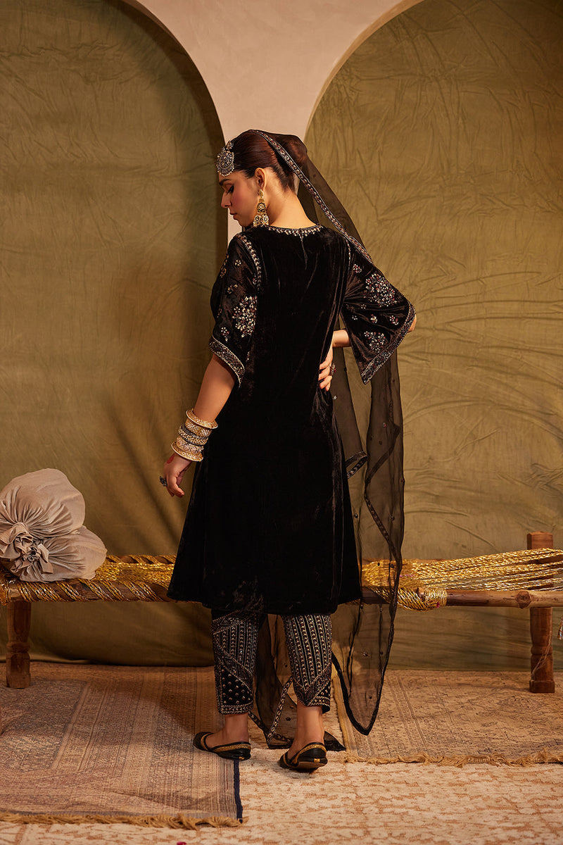 Midnight Black Embellished Kurta With Pant & Dupatta Set