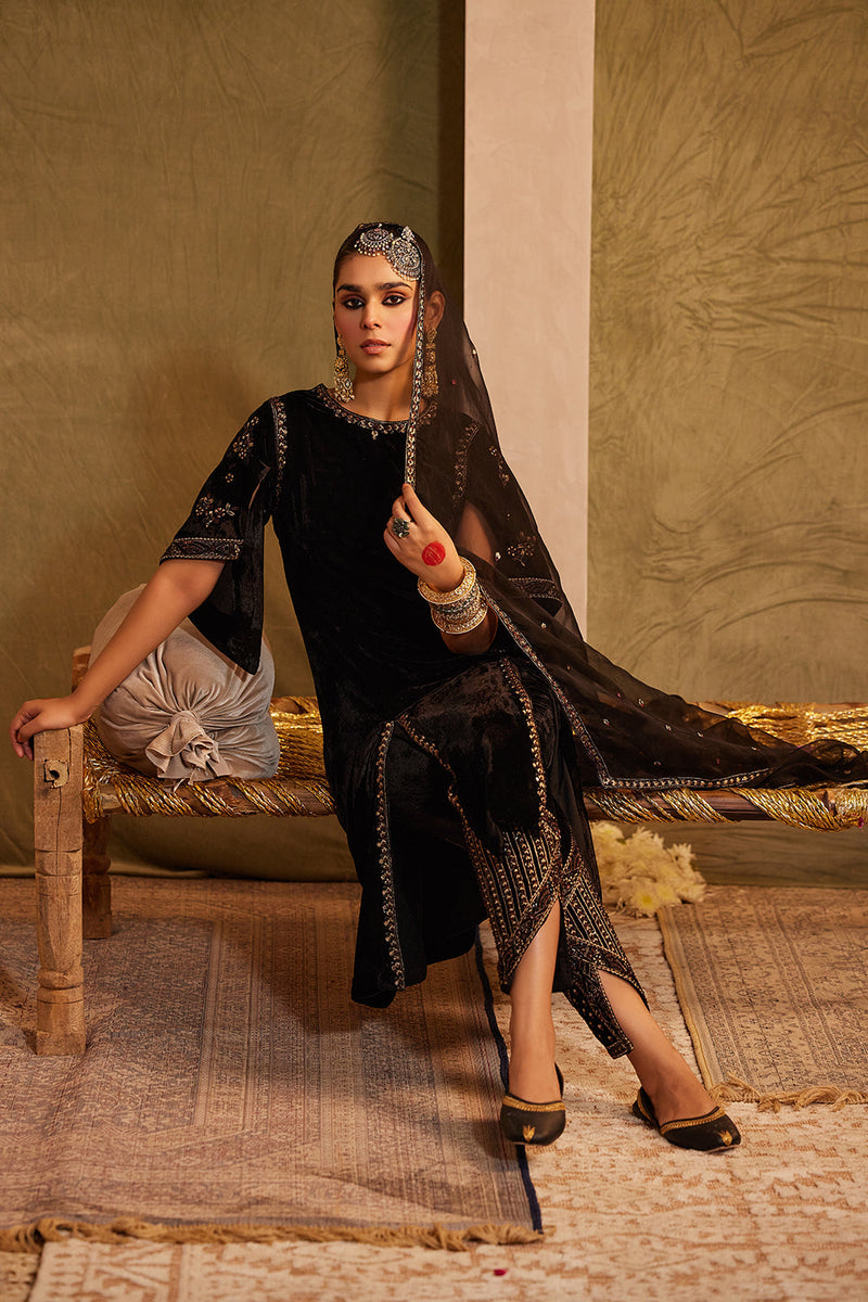 Midnight Black Embellished Kurta With Pant & Dupatta Set