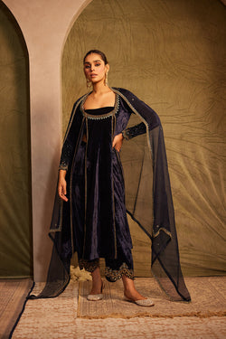 Midnight Blue Side Slit Kurta With Bustier, Palazzo & Dupatta Set.