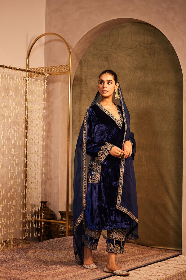 Midnight Blue Silk Velvet Kurta With Palazzo & Dupatta