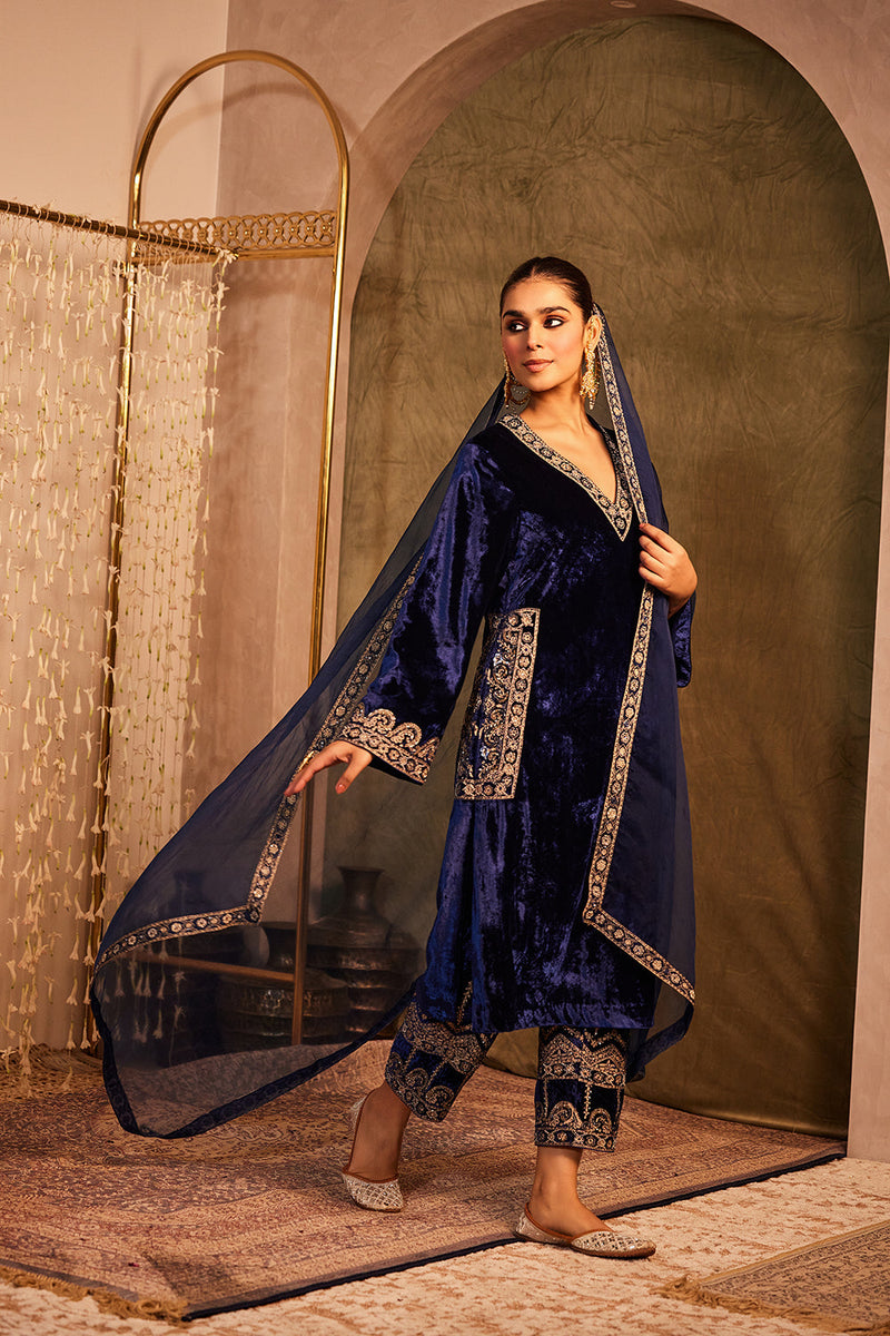 Midnight Blue Silk Velvet Kurta With Palazzo & Dupatta