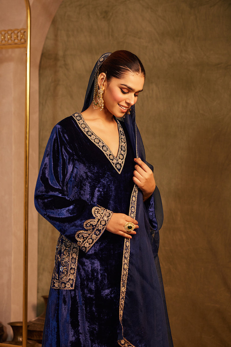 Midnight Blue Silk Velvet Kurta With Palazzo & Dupatta