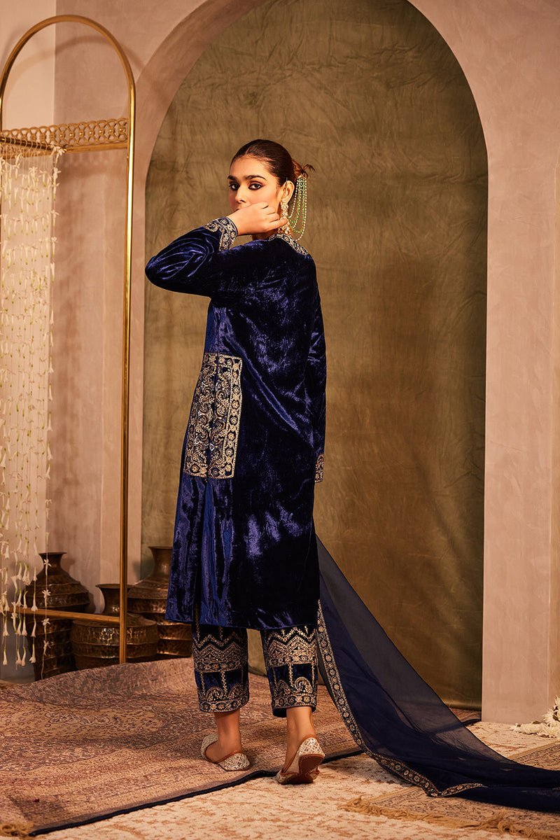 Midnight Blue Silk Velvet Kurta With Palazzo & Dupatta