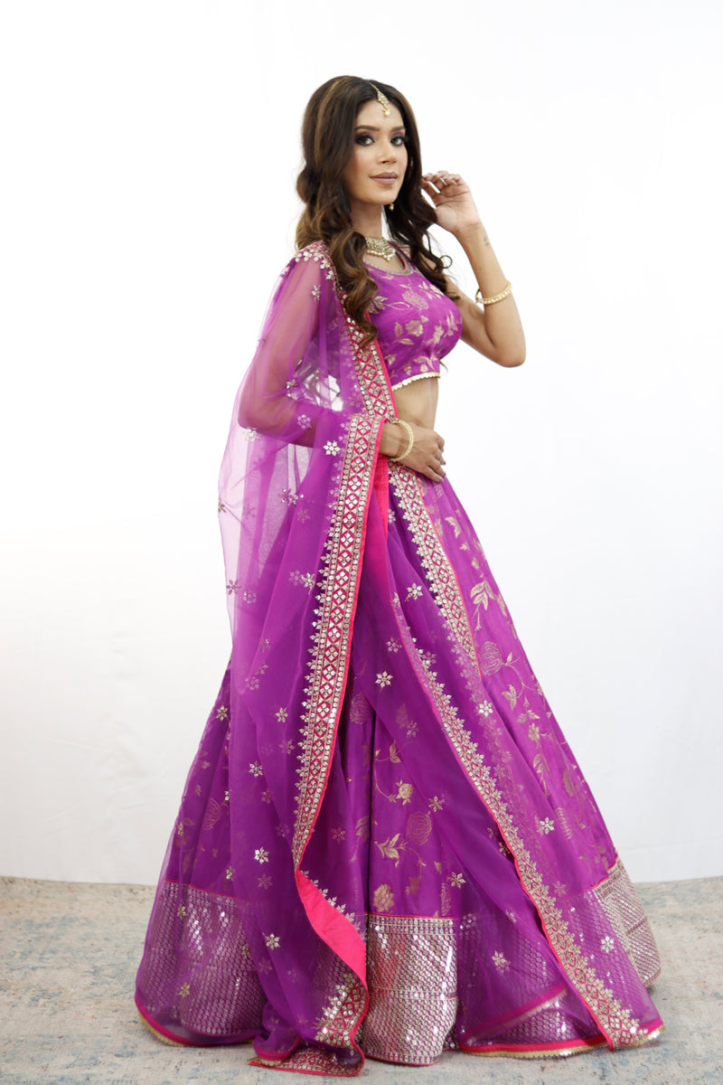 Purple And Gold Embroidered Lehenga