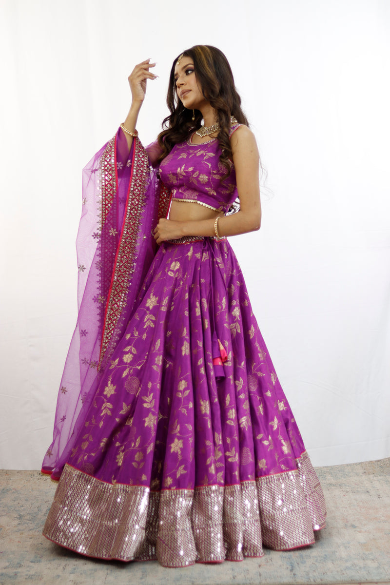 Purple And Gold Embroidered Lehenga