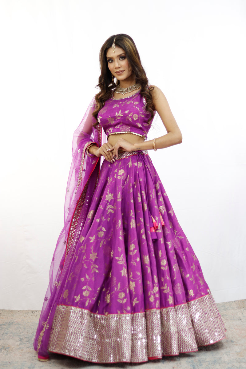 Purple And Gold Embroidered Lehenga