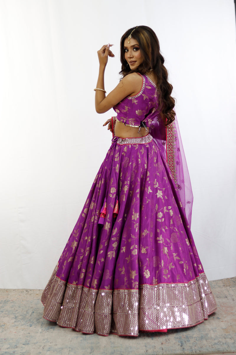 Purple And Gold Embroidered Lehenga