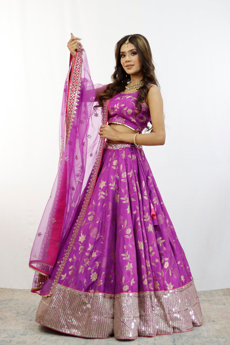 Purple And Gold Embroidered Lehenga