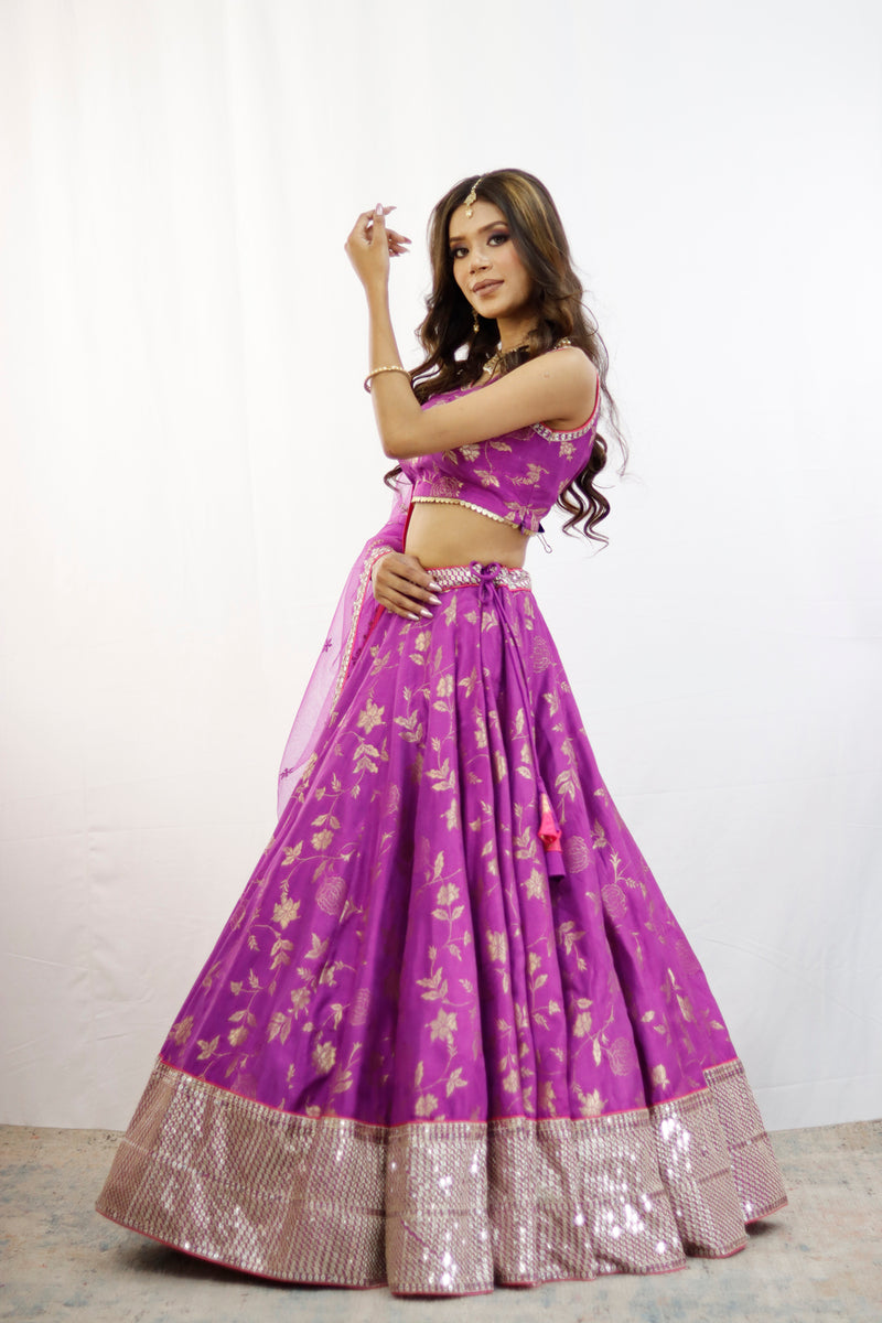 Purple And Gold Embroidered Lehenga