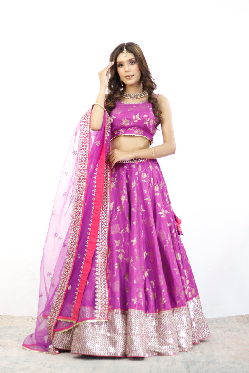 Purple And Gold Embroidered Lehenga