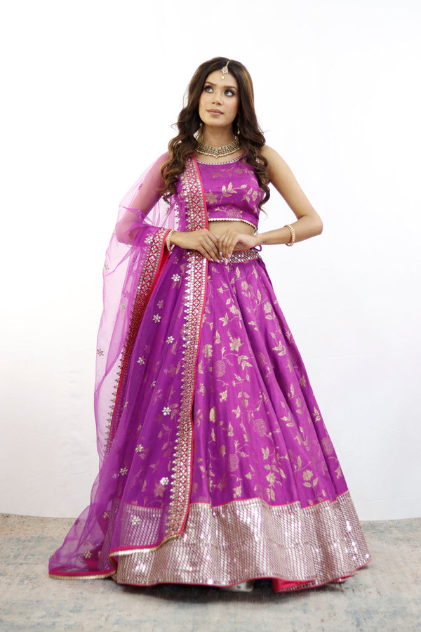 Purple And Gold Embroidered Lehenga