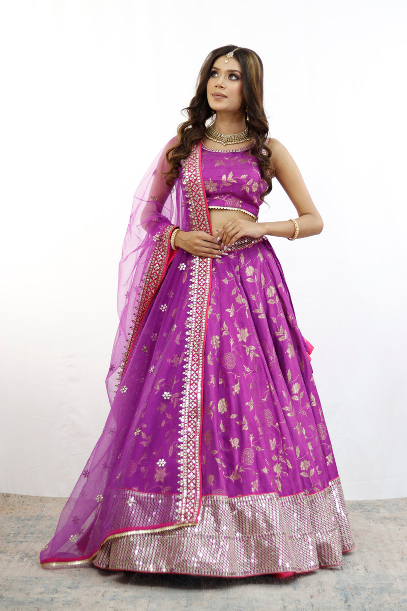 Purple And Gold Embroidered Lehenga