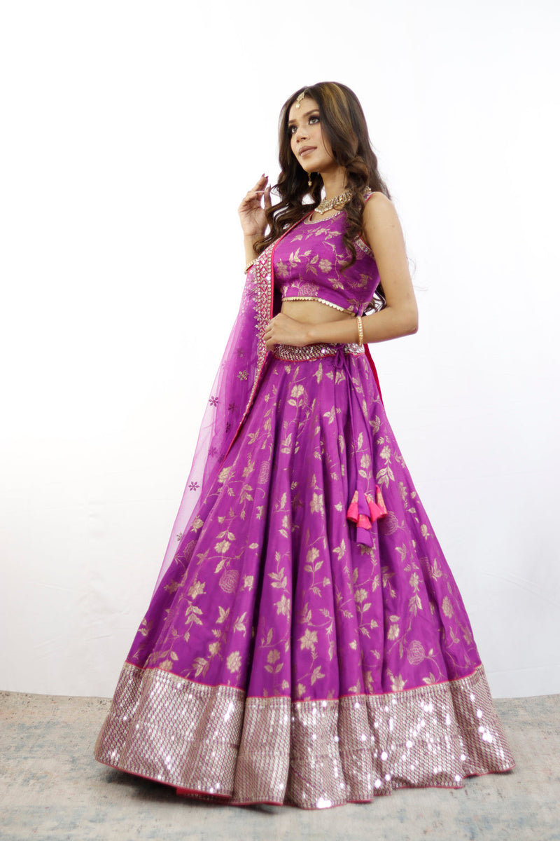 Purple And Gold Embroidered Lehenga