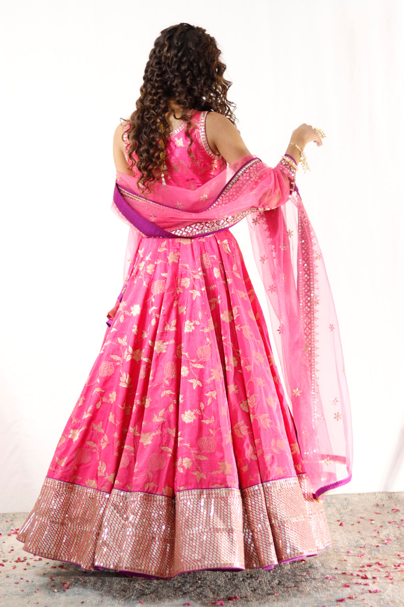 Fuchsia Pink And Gold Embroidered Lehenga