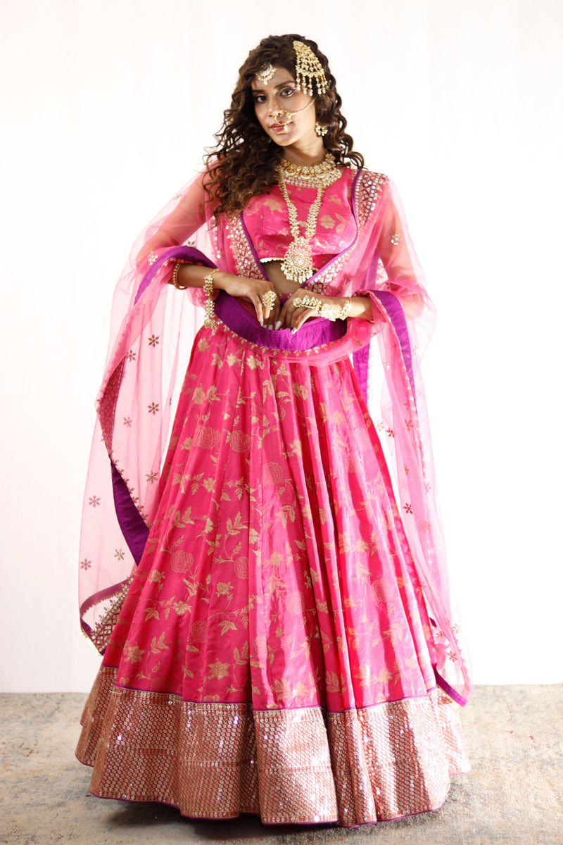 Fuchsia Pink And Gold Embroidered Lehenga