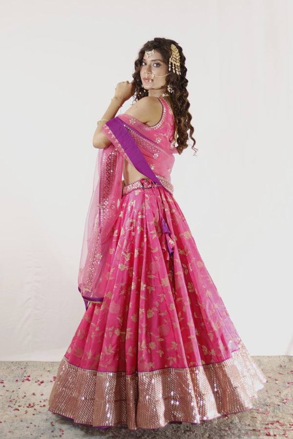 Fuchsia Pink And Gold Embroidered Lehenga