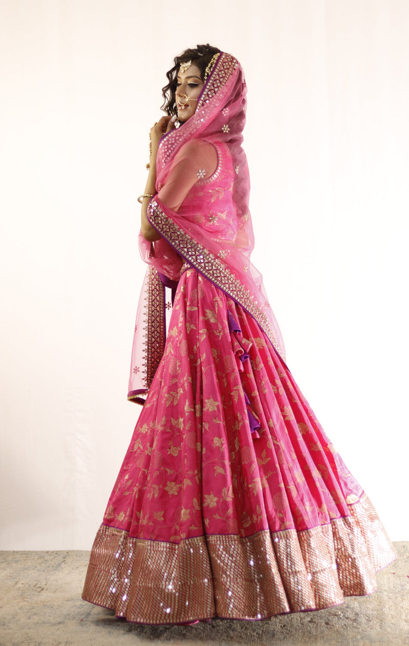 Fuchsia Pink And Gold Embroidered Lehenga