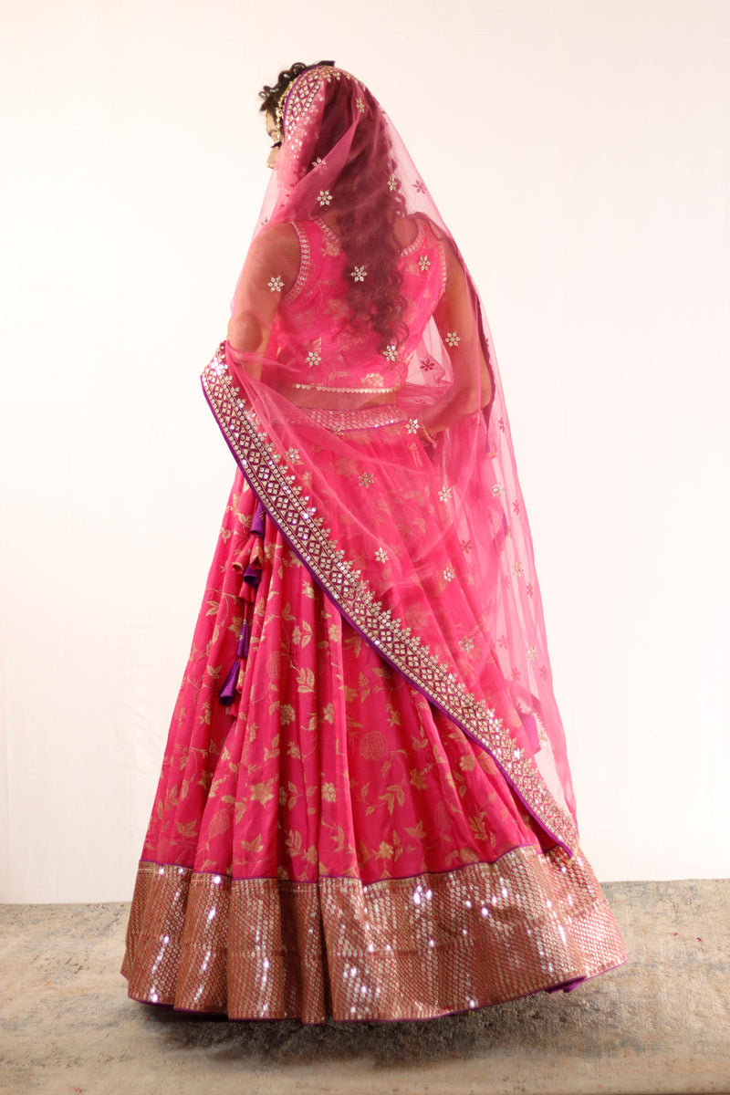 Fuchsia Pink And Gold Embroidered Lehenga