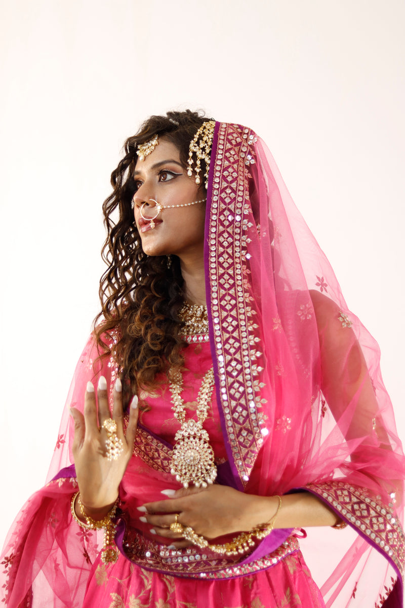 Fuchsia Pink And Gold Embroidered Lehenga