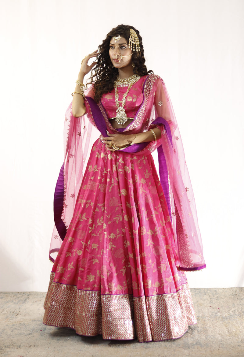 Fuchsia Pink And Gold Embroidered Lehenga