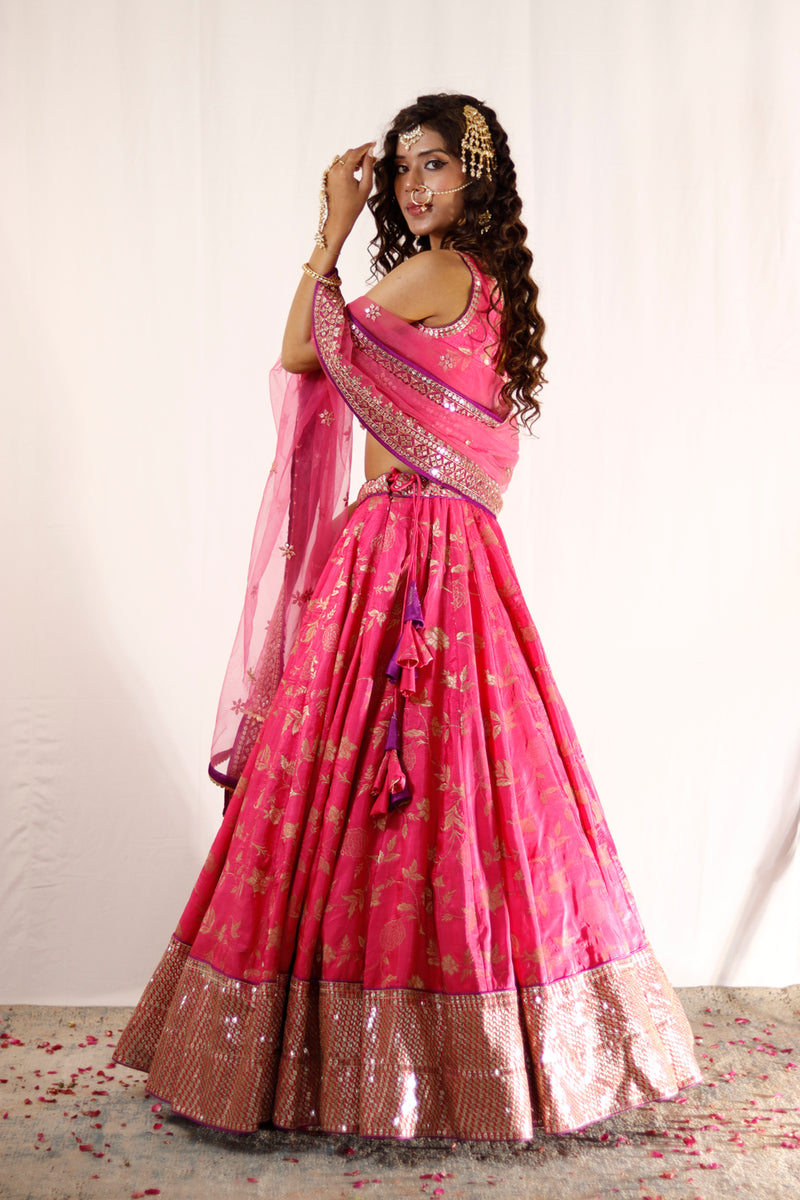 Fuchsia Pink And Gold Embroidered Lehenga