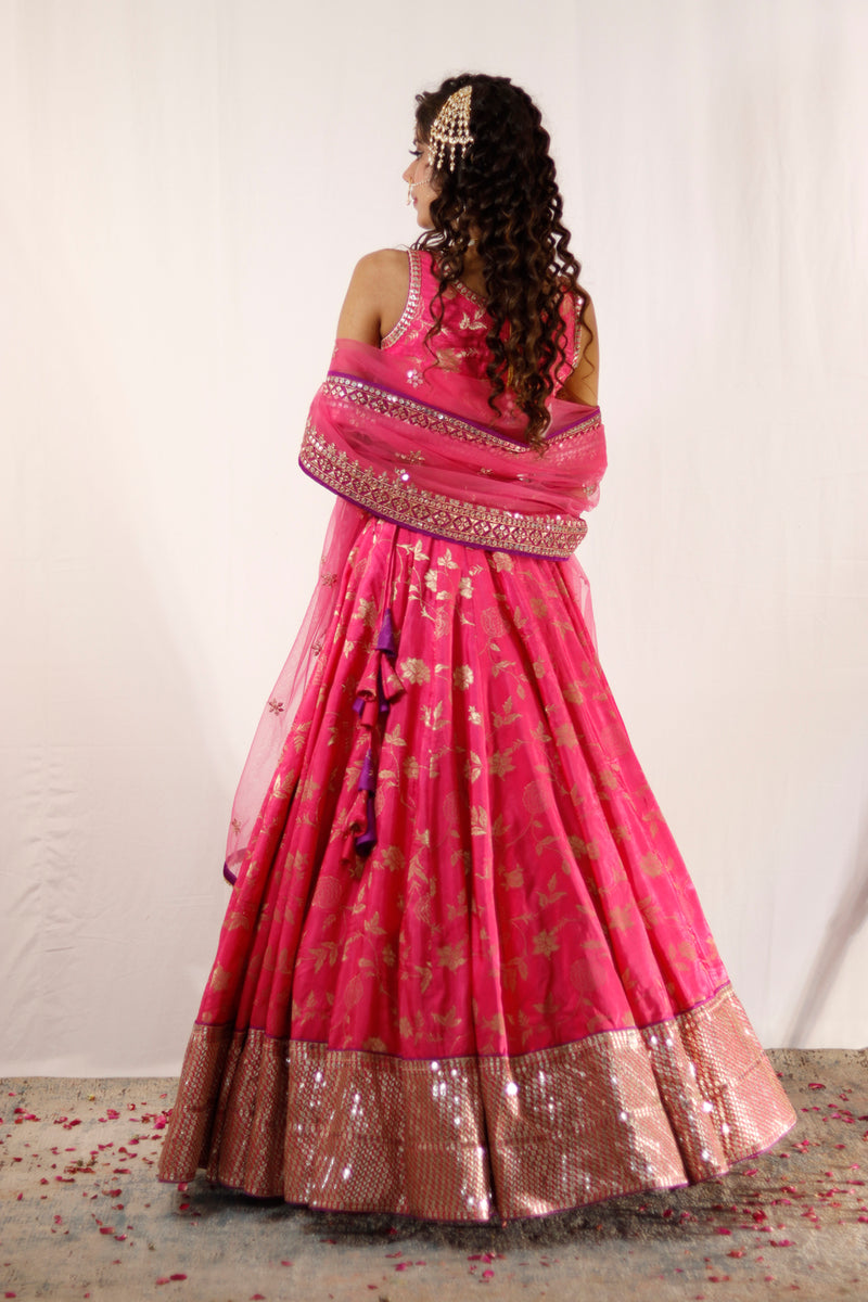 Fuchsia Pink And Gold Embroidered Lehenga