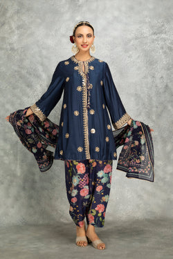 Blue Mirror Embroidered Angrakha With Printed Pants & Dupatta Set Of 3