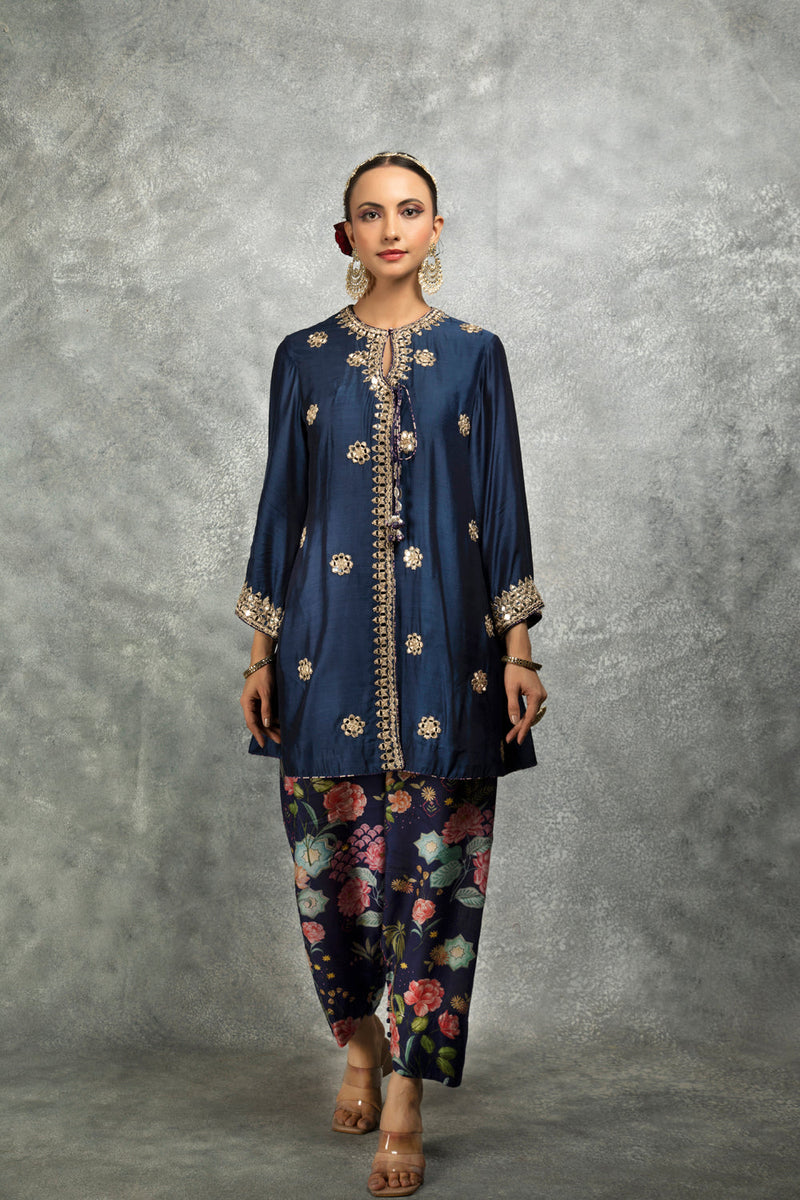 Blue Mirror Embroidered Angrakha With Printed Pants & Dupatta Set Of 3