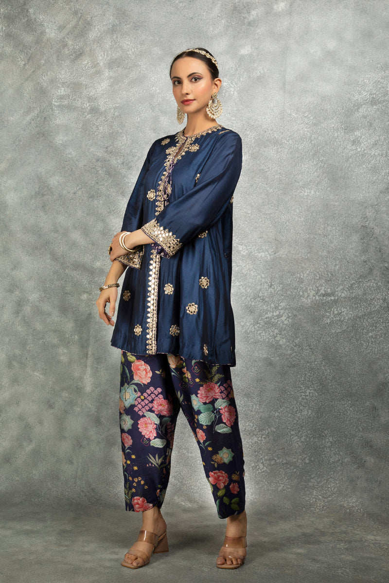 Blue Mirror Embroidered Angrakha With Printed Pants & Dupatta Set Of 3