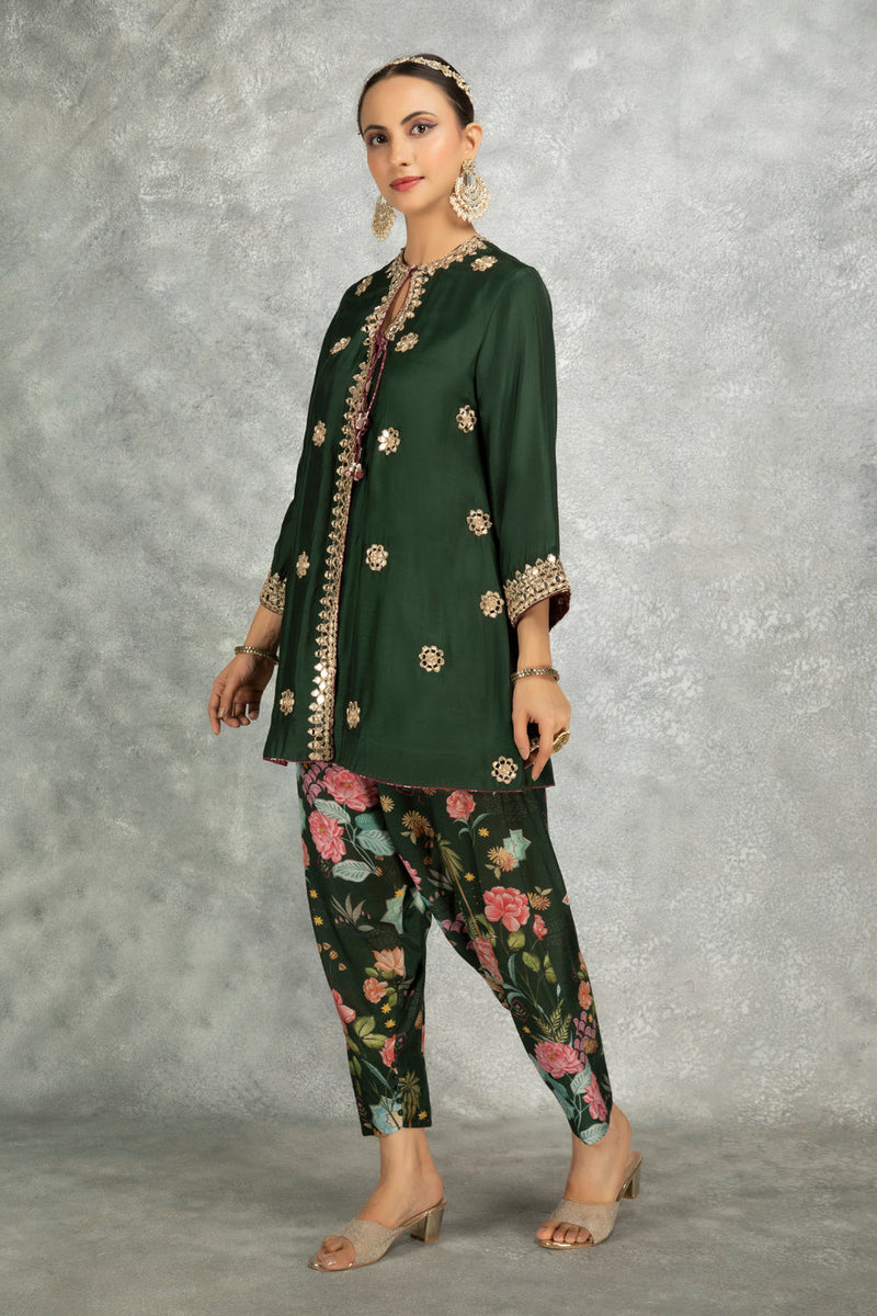 Green Mirror Embroidered Angrakha With Printed Pants & Dupatta Set Of 3