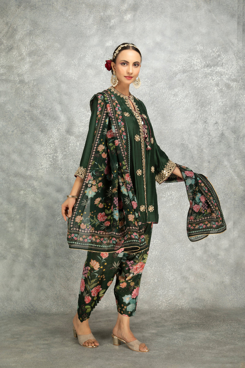 Green Mirror Embroidered Angrakha With Printed Pants & Dupatta Set Of 3