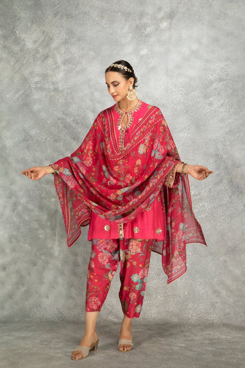 Hot Pink Mirror Embroidered Angrakha With Printed Pants & Dupatta Set Of 3