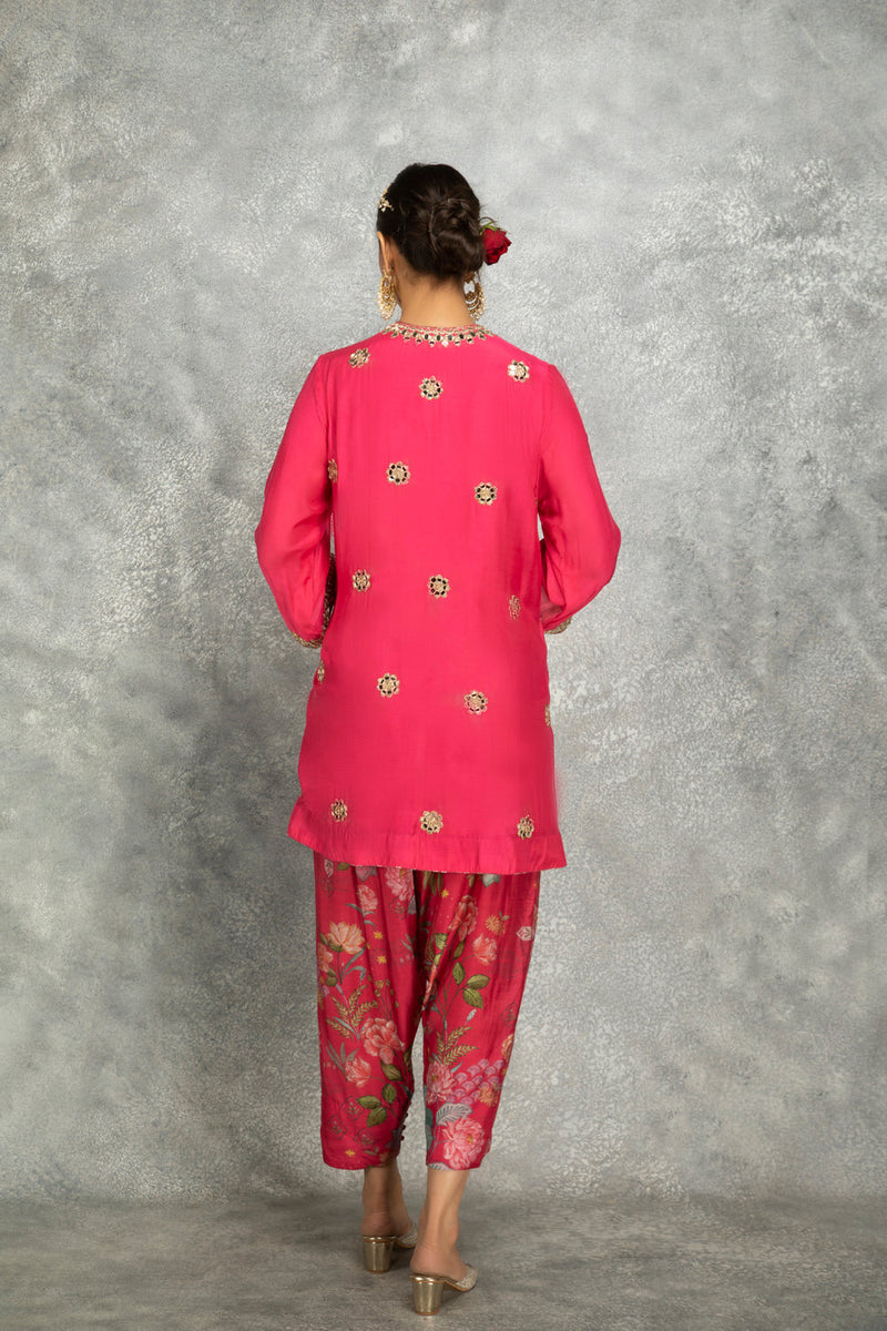 Hot Pink Mirror Embroidered Angrakha With Printed Pants & Dupatta Set Of 3