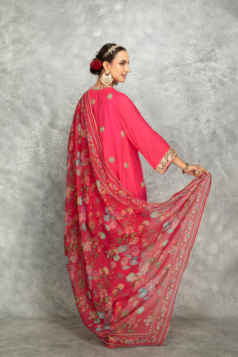 Hot Pink Mirror Embroidered Angrakha With Printed Pants & Dupatta Set Of 3