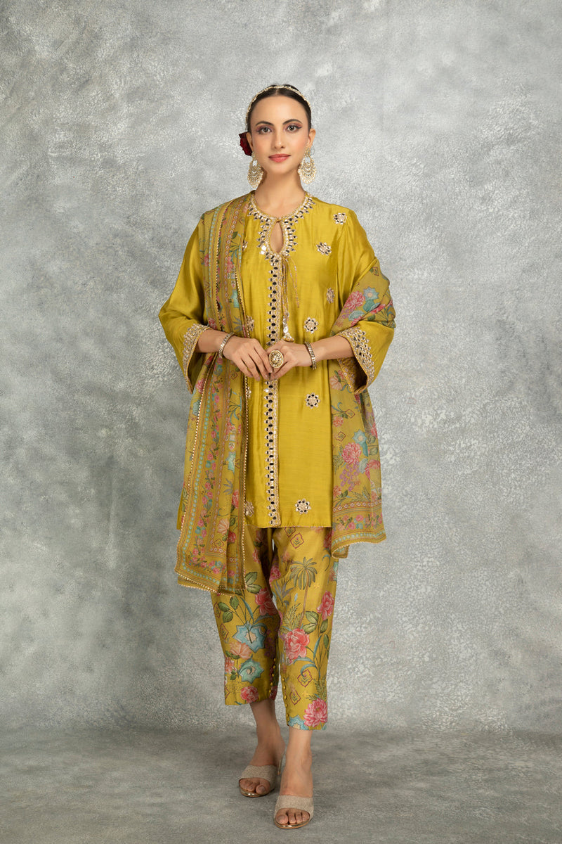 Mustard Green Mirror Embroidered Angrakha With Printed Pants & Dupatta Set Of 3