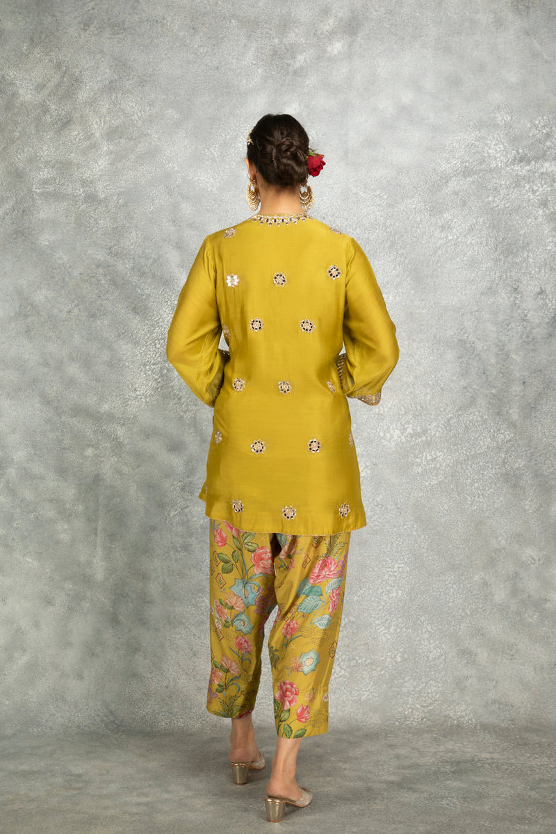 Mustard Green Mirror Embroidered Angrakha With Printed Pants & Dupatta Set Of 3