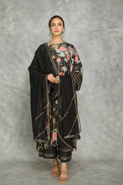 Black Printed Kurta With Pants And Dupatta Set Of 3