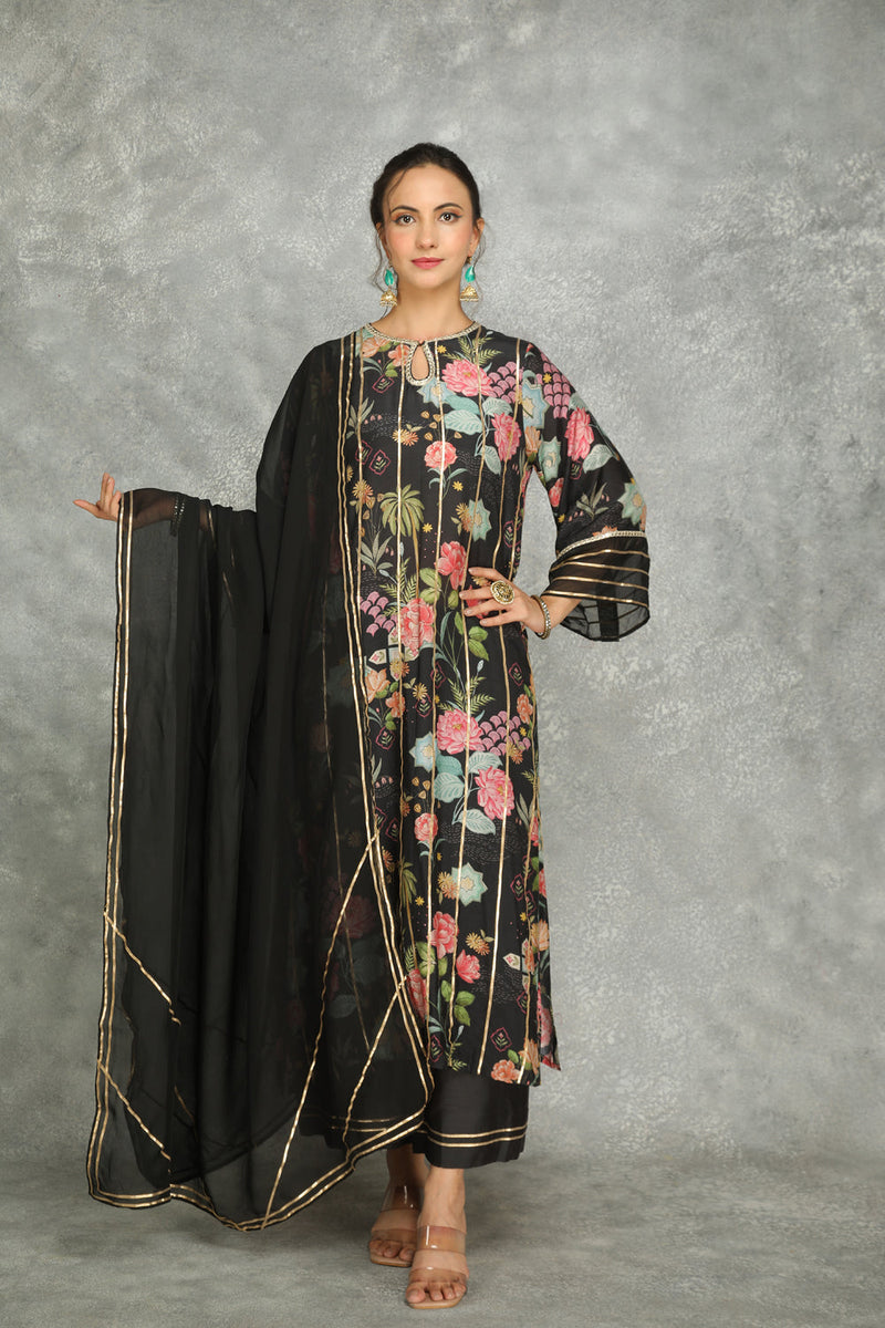 Black Printed Kurta With Pants And Dupatta Set Of 3